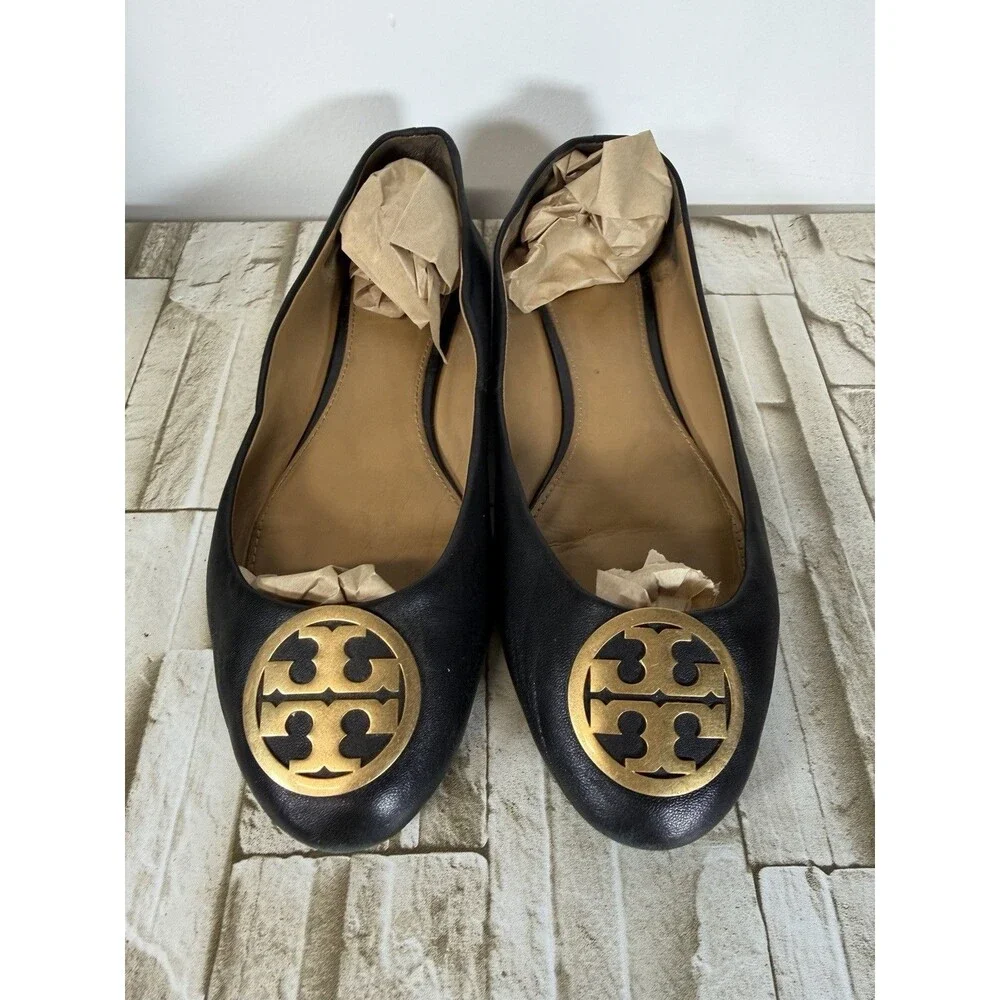 Tory Burch  Women’s  Shoe Minnie Metal Logo Flats  Leather Black Sz 9